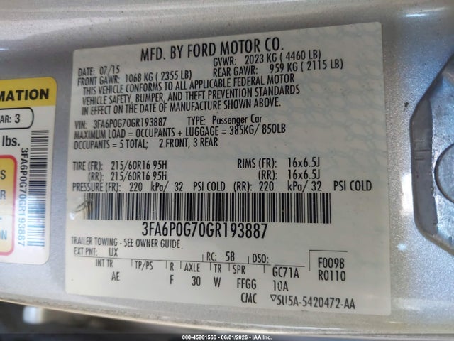 Ford FUSION S 2016 3FA6P0G70GR193887 Image 9