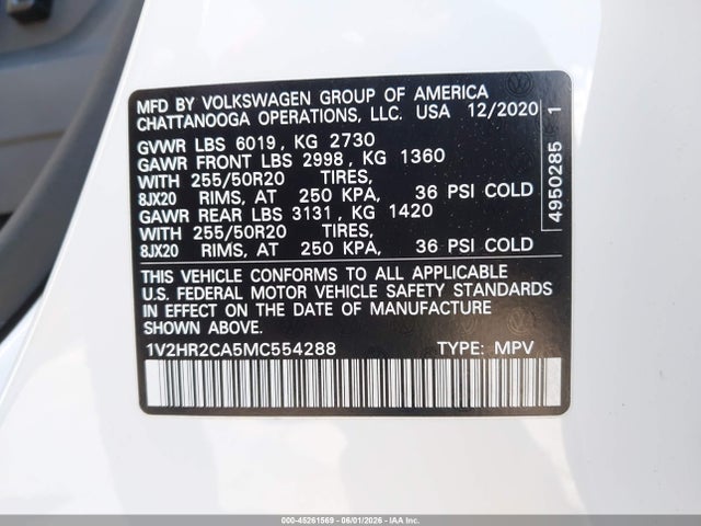 Aukcja sprzedaży 2021 Volkswagen Atlas 3.6l V6 Se W/technology, vin: 1V2HR2CA5MC554288, numer aukcji: 45261569