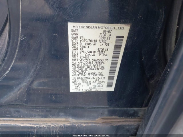 Продажа на аукционе авто 2008 Nissan Titan Xe, vin: 1N6BA07G98N303539, номер лота: 45261577