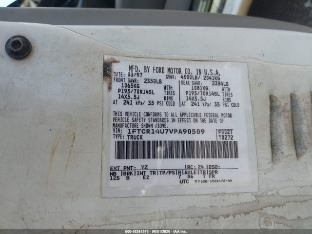 1997 Ford Ranger Splash/xl/xlt მანქანა იყიდება აუქციონზე, vin: 1FTCR14U7VPA90509, აუქციონის ნომერი: 45261578