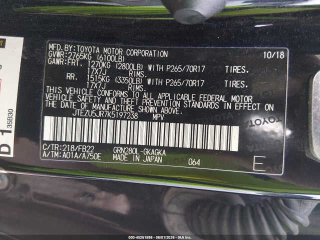 45261596 :رقم المزاد ، JTEZU5JR7K5197238 vin ، 2019 Toyota 4runner Sr5 مزاد بيع