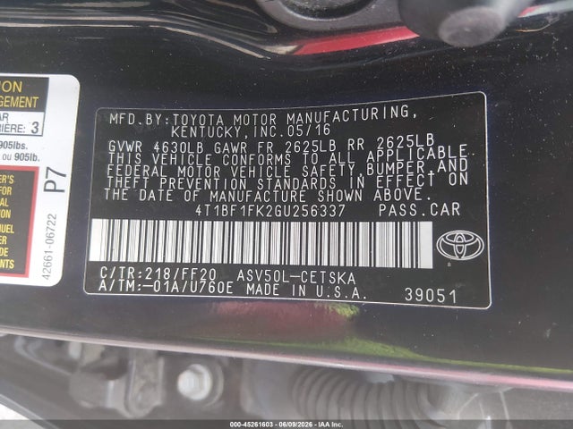 Auction sale of the 2016 Toyota Camry Se, vin: 4T1BF1FK2GU256337, lot number: 45261603