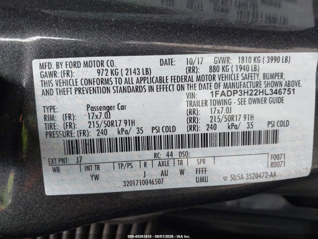 Aukcja sprzedaży 2017 Ford Focus Sel, vin: 1FADP3H22HL346751, numer aukcji: 45261635