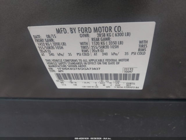 Продажа на аукционе авто 2016 Ford Explorer Sport, vin: 1FM5K8GT6GGA73837, номер лота: 45261639