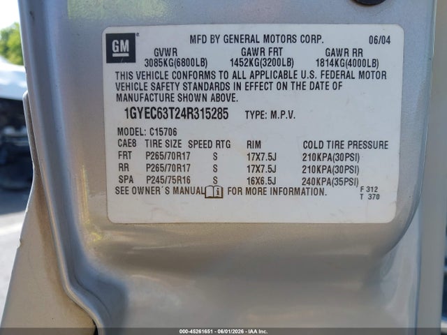 Продажа на аукционе авто 2004 Cadillac Escalade Standard, vin: 1GYEC63T24R315285, номер лота: 45261651