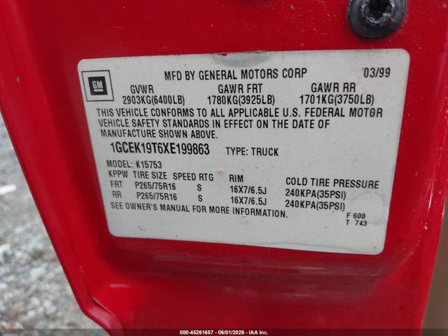 Продаж на аукціоні авто 1999 Chevrolet Silverado 1500 Lt, vin: 1GCEK19T6XE199863, номер лоту: 45261657