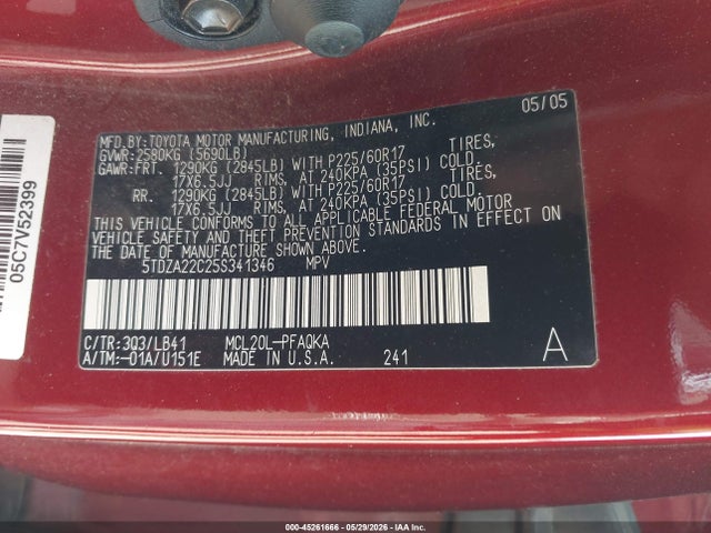 45261666 :رقم المزاد ، 5TDZA22C25S341346 vin ، 2005 Toyota Sienna Xle مزاد بيع