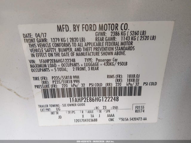 Aukcja sprzedaży 2017 Ford Taurus Sel, vin: 1FAHP2E86HG122248, numer aukcji: 45261678