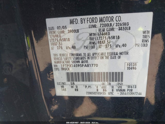 Продаж на аукціоні авто 2005 Ford F-150 Fx4/lariat/xl/xlt, vin: 1FTPX14595FA81770, номер лоту: 45261687