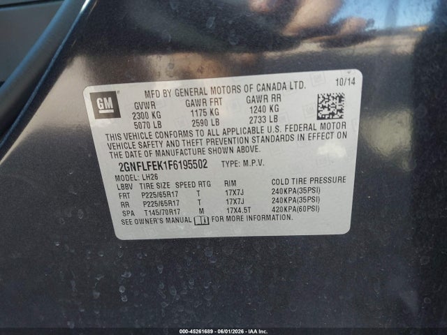 Продаж на аукціоні авто 2015 Chevrolet Equinox 1lt, vin: 2GNFLFEK1F6195502, номер лоту: 45261689