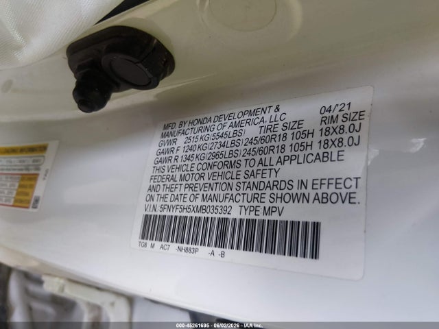 Honda Pilot 2wd Ex-l 2021 5FNYF5H5XMB035392 Image 9