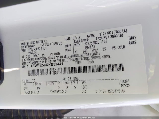 2019 Ford F-150 Lariat მანქანა იყიდება აუქციონზე, vin: 1FTEW1E50KKE52441, აუქციონის ნომერი: 45261709