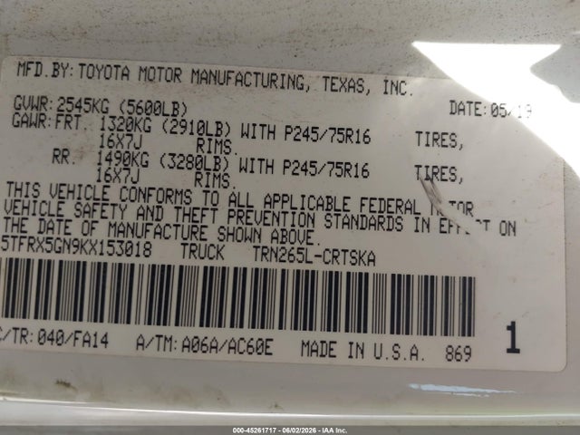 Продажа на аукционе авто 2019 Toyota Tacoma Sr, vin: 5TFRX5GN9KX153018, номер лота: 45261717
