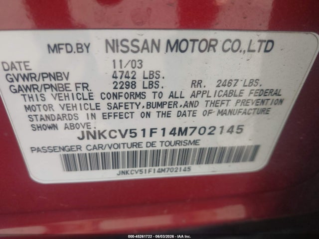 2004 Infiniti G35x მანქანა იყიდება აუქციონზე, vin: JNKCV51F14M702145, აუქციონის ნომერი: 45261722
