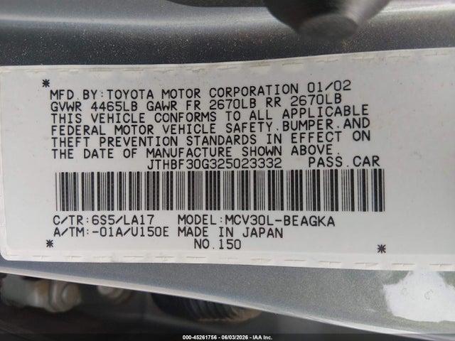 45261756 :رقم المزاد ، JTHBF30G325023332 vin ، 2002 Lexus Es 300 مزاد بيع