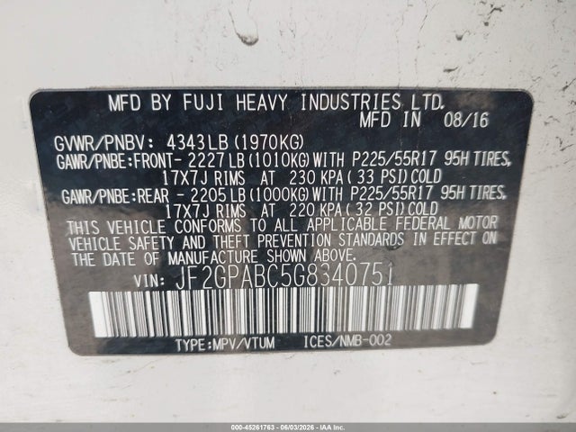 45261763 :رقم المزاد ، JF2GPABC5G8340751 vin ، 2016 Subaru Crosstrek 2.0i Premium مزاد بيع