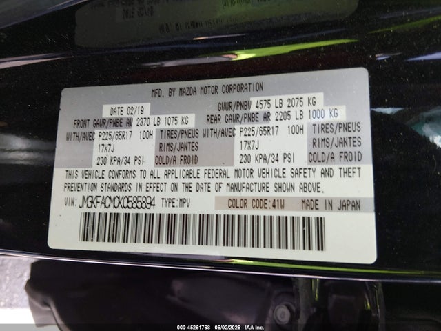Aukcja sprzedaży 2019 Mazda Cx-5 Touring, vin: JM3KFACM0K0585894, numer aukcji: 45261768