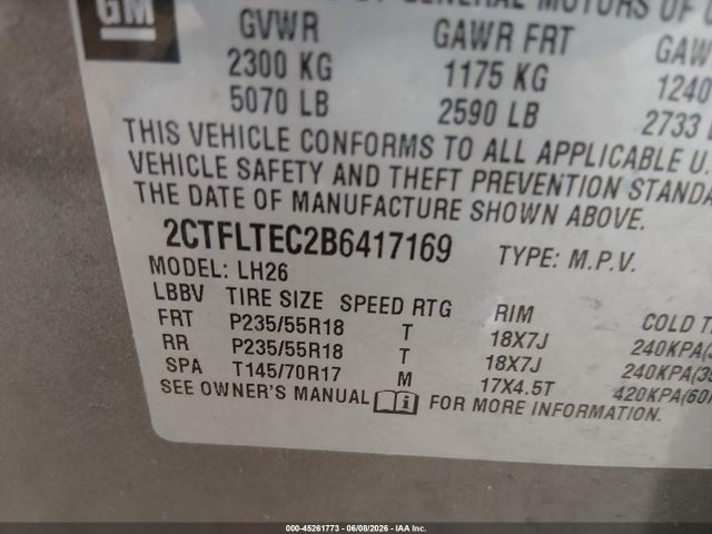 45261773 :رقم المزاد ، 2CTFLTEC2B6417169 vin ، 2011 Gmc Terrain Sle-2 مزاد بيع