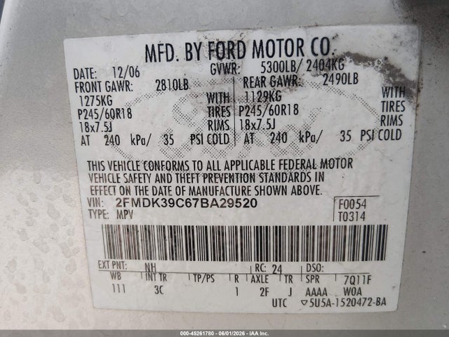 Aukcja sprzedaży 2007 Ford Edge Sel Plus, vin: 2FMDK39C67BA29520, numer aukcji: 45261780