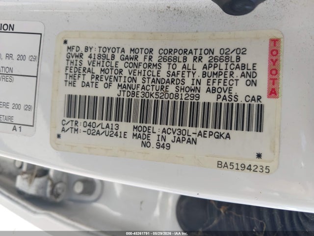 2002 Toyota Camry Xle მანქანა იყიდება აუქციონზე, vin: JTDBE30K520081299, აუქციონის ნომერი: 45261791