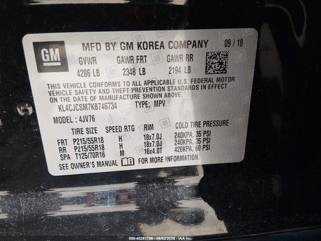 45261796 :رقم المزاد ، KL4CJCSM7KB746734 vin ، 2019 Buick Encore Fwd Essence مزاد بيع