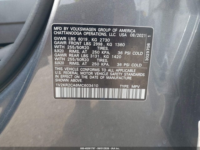 Продажа на аукционе авто 2021 Volkswagen Atlas 3.6l V6 Se W/technology, vin: 1V2KR2CA6MC603410, номер лота: 45261797