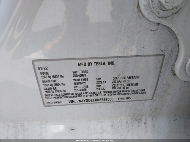 Aukcja sprzedaży 2022 Tesla Model Y Long Range Dual Motor All-wheel Drive, vin: 7SAYGDEEXNF362553, numer aukcji: 45261802