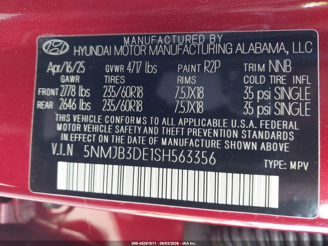 Продаж на аукціоні авто 2025 Hyundai Tucson Sel, vin: 5NMJB3DE1SH563356, номер лоту: 45261811