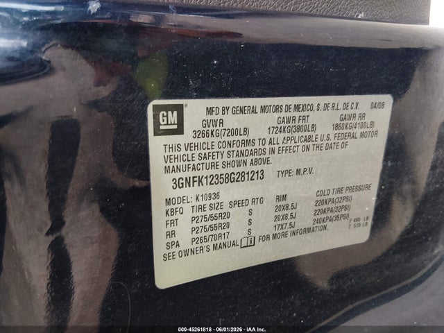 45261818 :رقم المزاد ، 3GNFK12358G281213 vin ، 2008 Chevrolet Avalanche 1500 Lt مزاد بيع