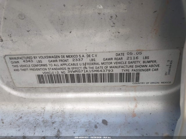 Продаж на аукціоні авто 2005 Volkswagen Jetta 2.5, vin: 3VWRG71K15M643793, номер лоту: 45261831