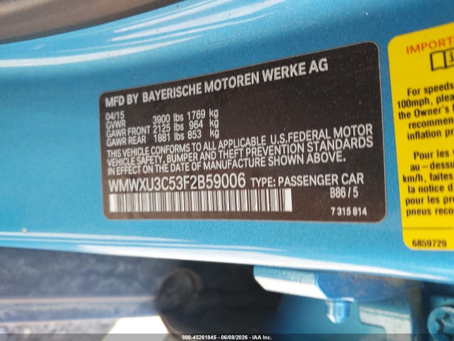 45261845 :رقم المزاد ، WMWXU3C53F2B59006 vin ، 2015 Mini Hardtop Cooper S مزاد بيع