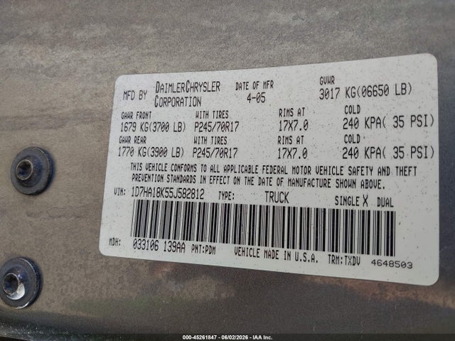 Aukcja sprzedaży 2005 Dodge Ram 1500 St, vin: 1D7HA18K55J582812, numer aukcji: 45261847
