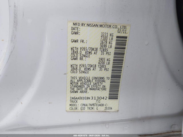 45261879 :رقم المزاد ، 1N6AA0ED1BN313042 vin ، 2011 Nissan Titan Sv مزاد بيع