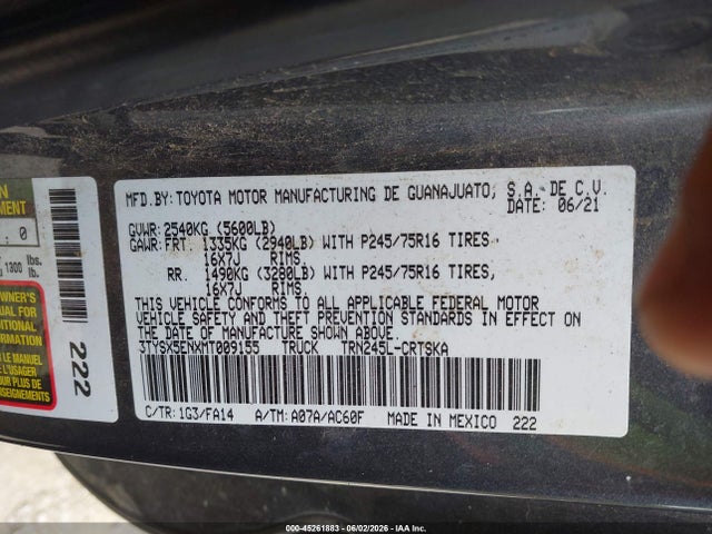 2021 Toyota Tacoma Sr მანქანა იყიდება აუქციონზე, vin: 3TYSX5ENXMT009155, აუქციონის ნომერი: 45261883