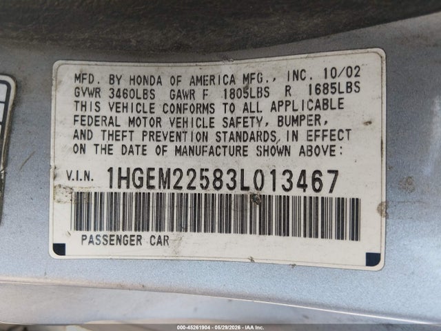 2003 Honda Civic Lx მანქანა იყიდება აუქციონზე, vin: 1HGEM22583L013467, აუქციონის ნომერი: 45261904