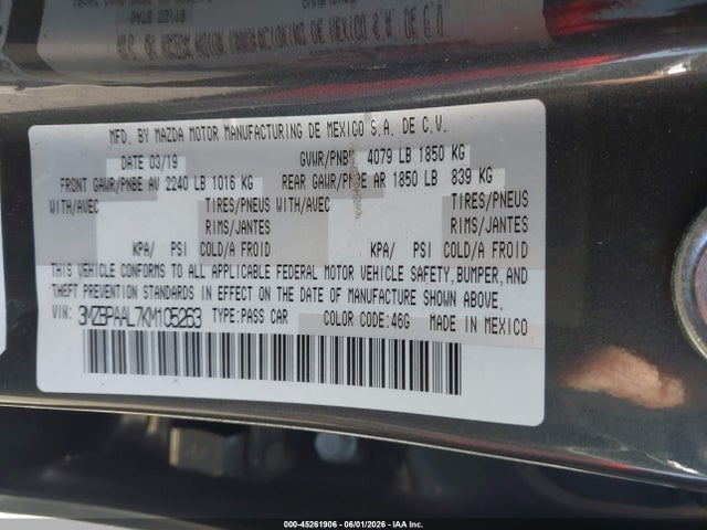 Aukcja sprzedaży 2019 Mazda Mazda3 Select Package, vin: 3MZBPAAL7KM105263, numer aukcji: 45261906