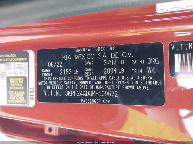 2023 Kia Forte Lxs მანქანა იყიდება აუქციონზე, vin: 3KPF24AD8PE509672, აუქციონის ნომერი: 45261907