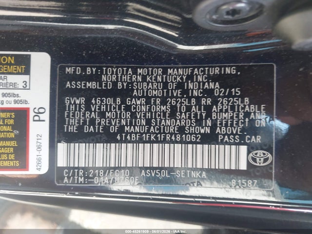 45261909 :رقم المزاد ، 4T4BF1FK1FR481062 vin ، 2015 Toyota Camry Le مزاد بيع