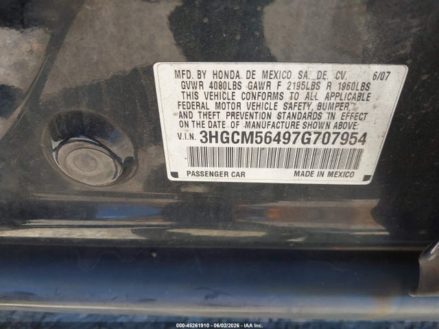Aukcja sprzedaży 2007 Honda Accord 2.4 Lx, vin: 3HGCM56497G707954, numer aukcji: 45261910