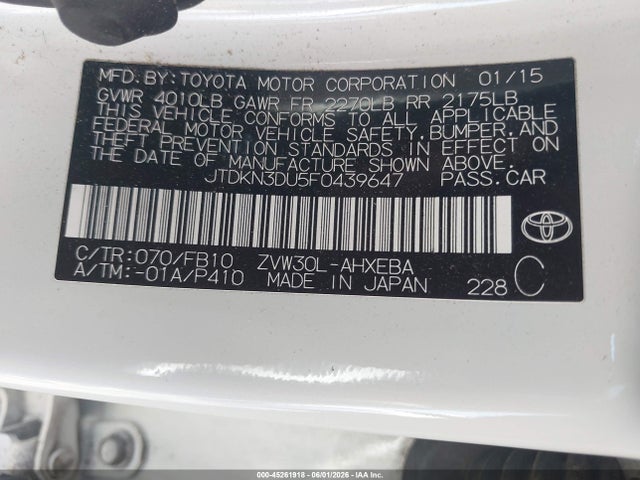 45261918 :رقم المزاد ، JTDKN3DU5F0439647 vin ، 2015 Toyota Prius Two مزاد بيع