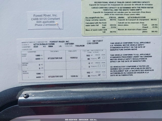 Продаж на аукціоні авто 2018 Forest River Crusader, vin: 5ZT3CSVB4JG122586, номер лоту: 45261930