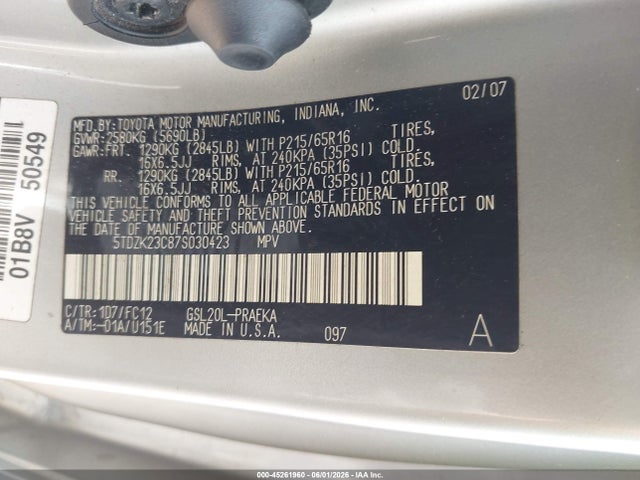 Aukcja sprzedaży 2007 Toyota Sienna Le, vin: 5TDZK23C87S030423, numer aukcji: 45261960