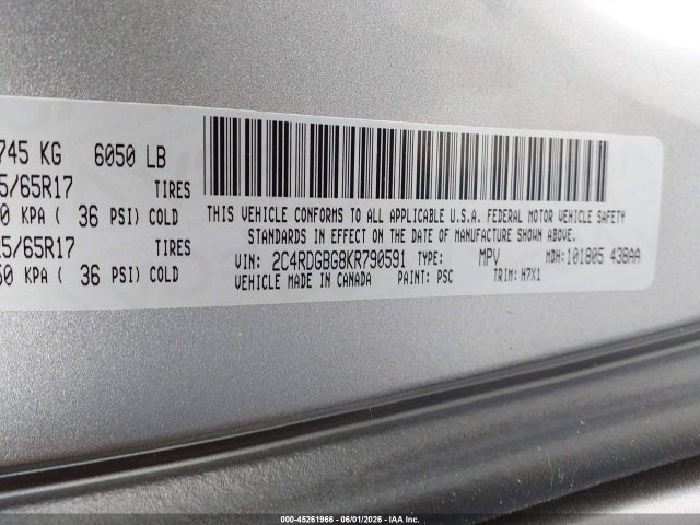 45261966 :رقم المزاد ، 2C4RDGBG8KR790591 vin ، 2019 Dodge Grand Caravan Se مزاد بيع