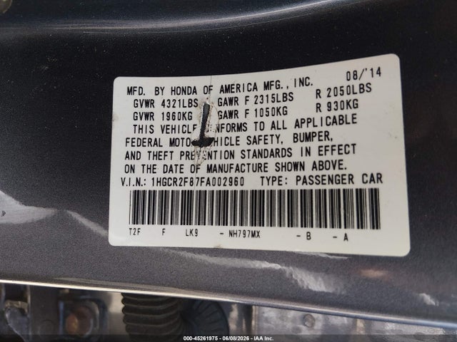 Aukcja sprzedaży 2015 Honda Accord Ex-l, vin: 1HGCR2F87FA002960, numer aukcji: 45261975