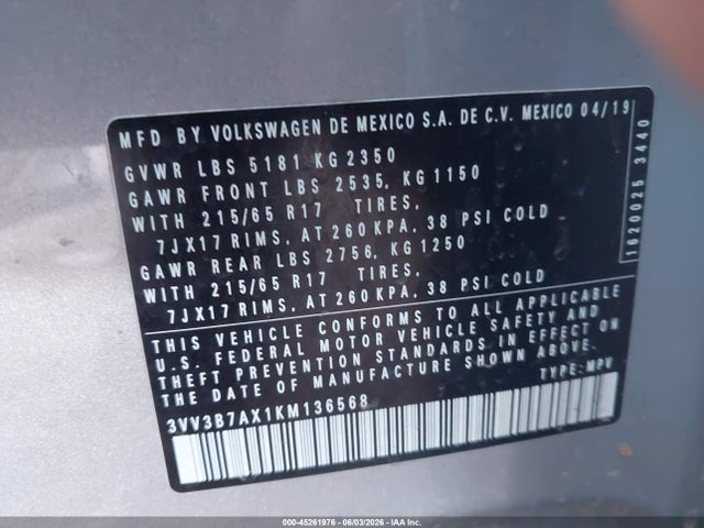 Продаж на аукціоні авто 2019 Volkswagen Tiguan 2.0t Se/2.0t Sel/2.0t Sel R-line/2.0t Sel R-line Black, vin: 3VV3B7AX1KM136568, номер лоту: 45261976