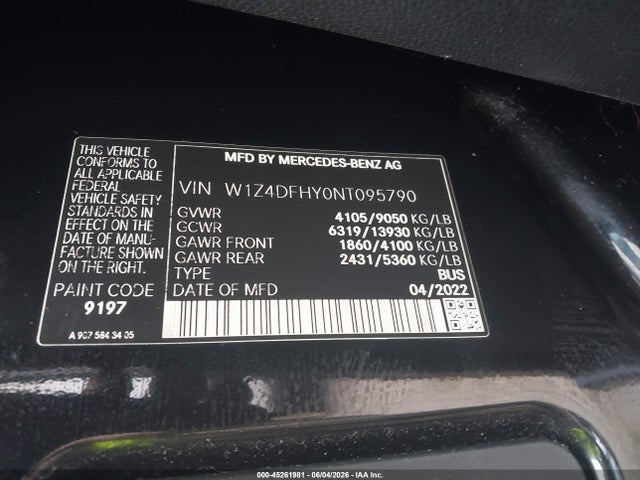45261981 :رقم المزاد ، W1Z4DFHY0NT095790 vin ، 2022 Mercedes-benz Sprinter 2500 Standard Roof I4 Diesel مزاد بيع