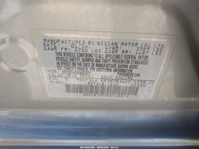 3N1CN7APXEK453872 Nissan Versa 1.6 S/1.6 S+/1.6 Sl/1.6 Sv