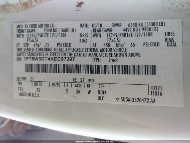 2019 Ford F-350 Xl მანქანა იყიდება აუქციონზე, vin: 1FT8W3DT4KEC97397, აუქციონის ნომერი: 45261989