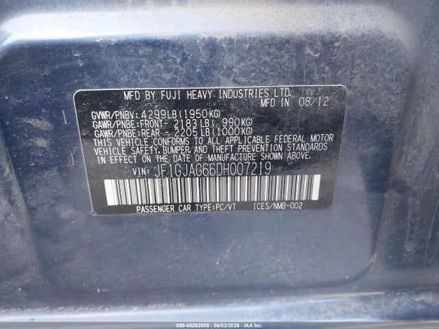 45262009 :رقم المزاد ، JF1GJAG66DH007219 vin ، 2013 Subaru Impreza 2.0i Limited مزاد بيع