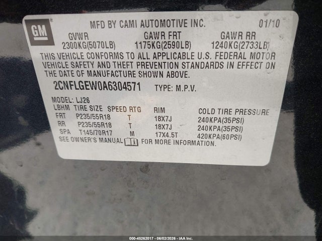 45262017 :رقم المزاد ، 2CNFLGEW0A6304571 vin ، 2010 Chevrolet Equinox Ltz مزاد بيع
